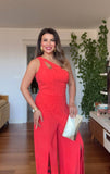 ASYMMETRIC CUTOUT WIDE LEG JUMPSUIT – CORAL RED