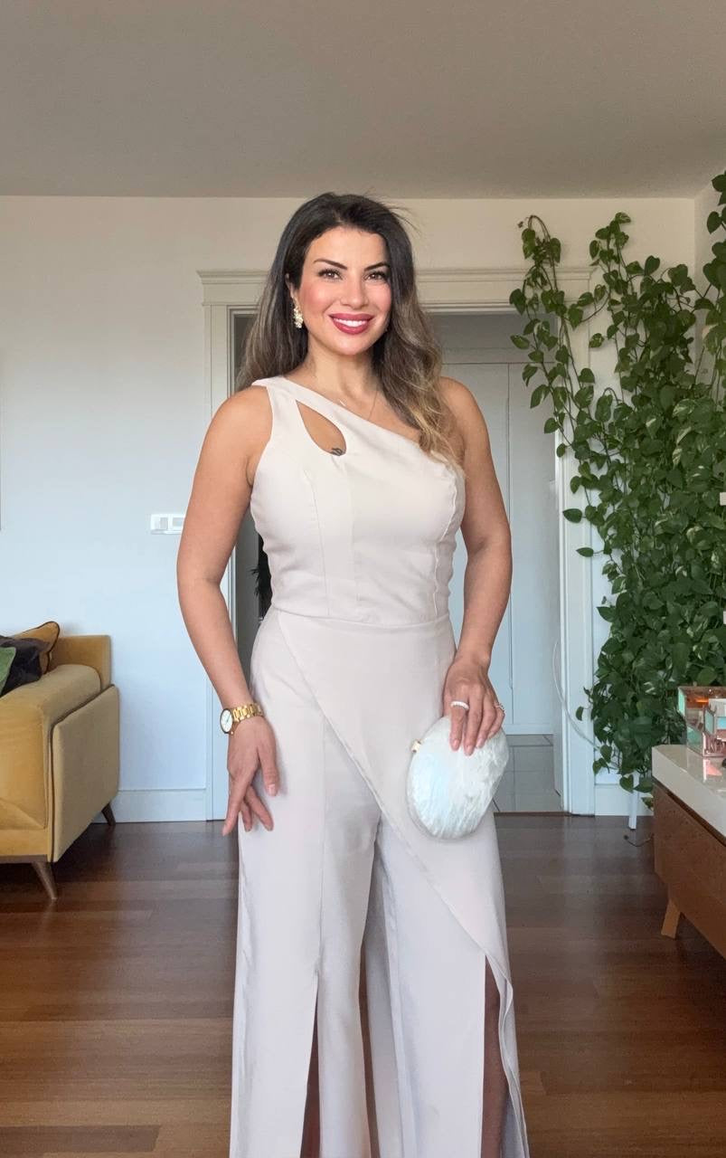 ASYMMETRIC CUTOUT WIDE LEG JUMPSUIT – BEIGE