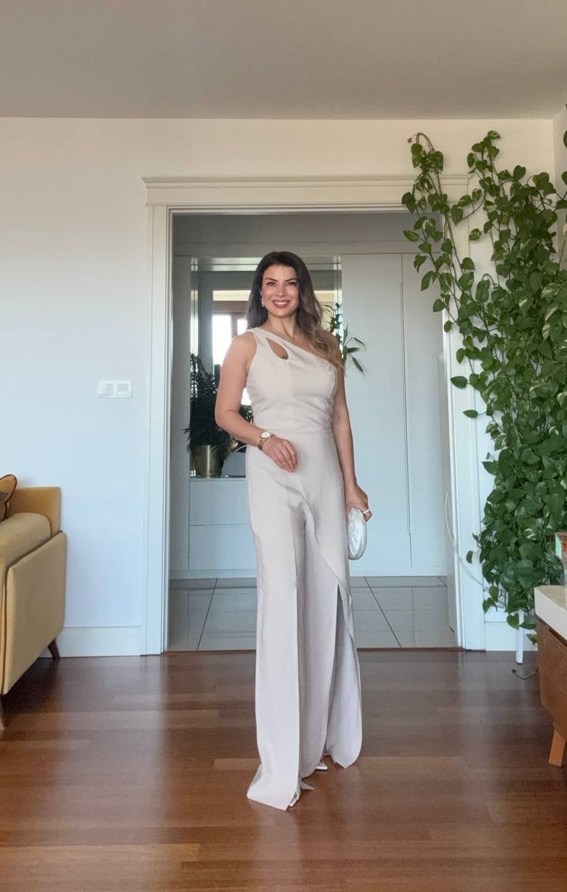 ASYMMETRIC CUTOUT WIDE LEG JUMPSUIT – BEIGE