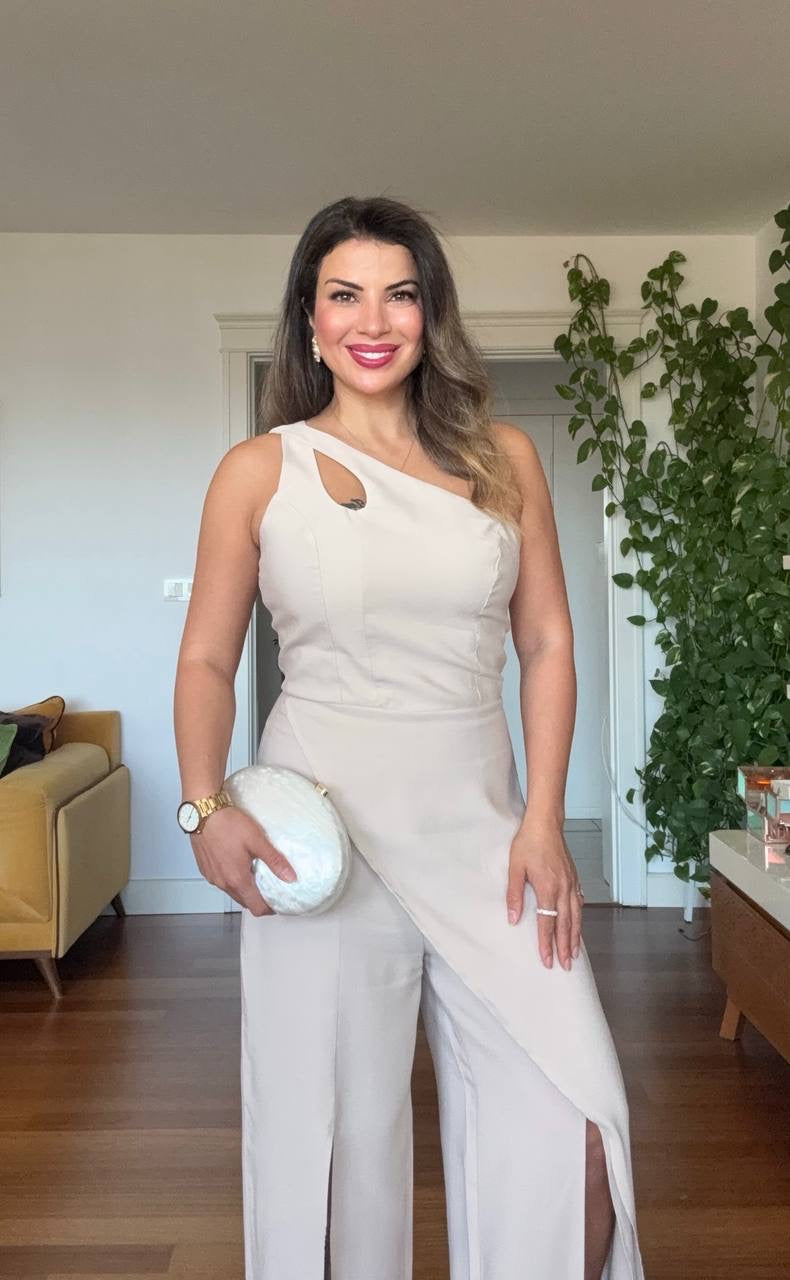 ASYMMETRIC CUTOUT WIDE LEG JUMPSUIT – BEIGE