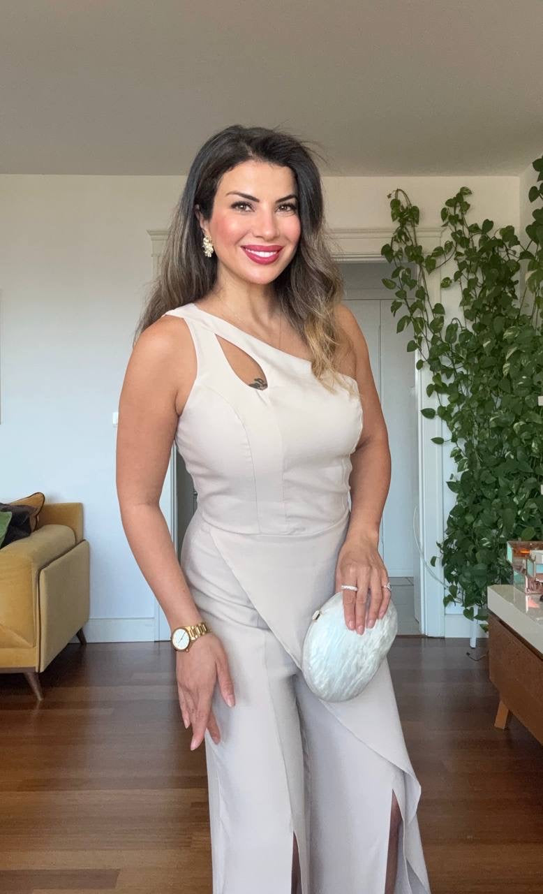 ASYMMETRIC CUTOUT WIDE LEG JUMPSUIT – BEIGE