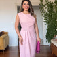 SHOULDER-PADDED PLEATED MIDI DRESS - DUSTY PINK