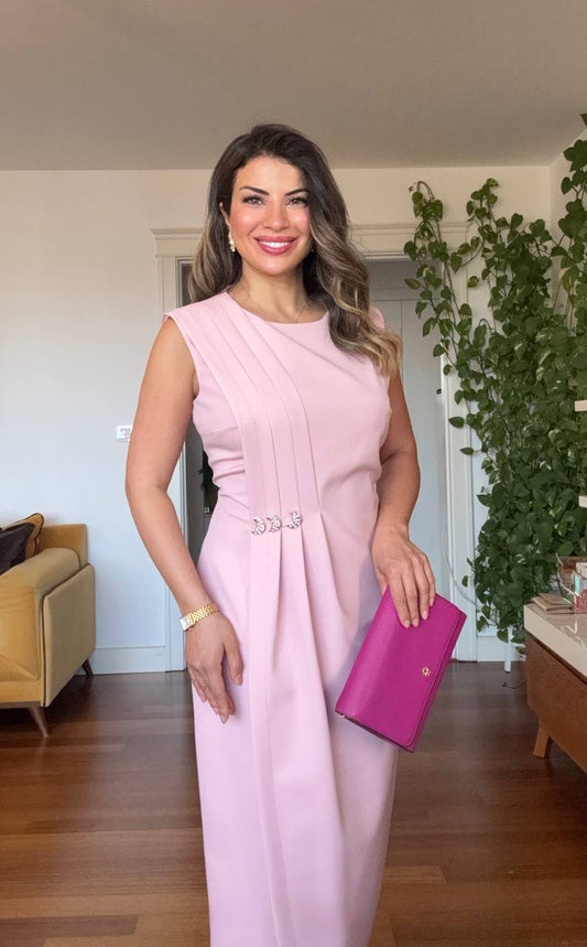 SHOULDER-PADDED PLEATED MIDI DRESS - DUSTY PINK