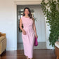 SHOULDER-PADDED PLEATED MIDI DRESS - DUSTY PINK