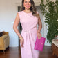 SHOULDER-PADDED PLEATED MIDI DRESS - DUSTY PINK