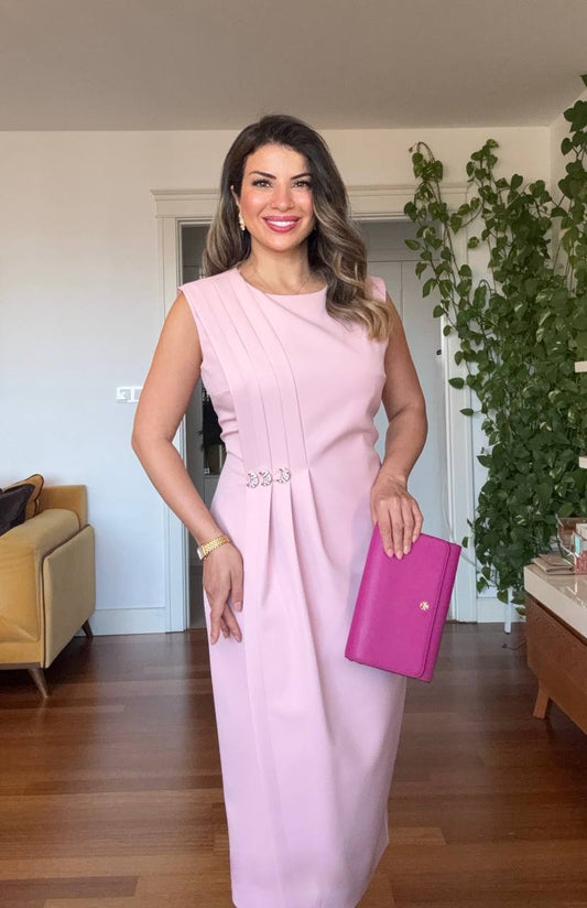 SHOULDER-PADDED PLEATED MIDI DRESS - DUSTY PINK