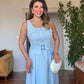 SQUARE NECK BELTED BUTTON DETAIL MIDI DRESS - BABY BLUE