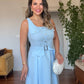 SQUARE NECK BELTED BUTTON DETAIL MIDI DRESS - BABY BLUE