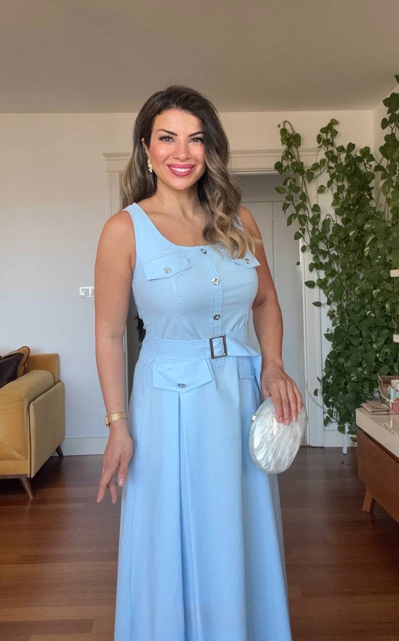 SQUARE NECK BELTED BUTTON DETAIL MIDI DRESS - BABY BLUE