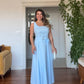 SQUARE NECK BELTED BUTTON DETAIL MIDI DRESS - BABY BLUE