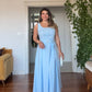 SQUARE NECK BELTED BUTTON DETAIL MIDI DRESS - BABY BLUE