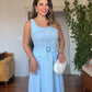 SQUARE NECK BELTED BUTTON DETAIL MIDI DRESS - BABY BLUE
