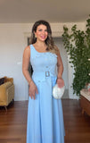 SQUARE NECK BELTED BUTTON DETAIL MIDI DRESS - BABY BLUE