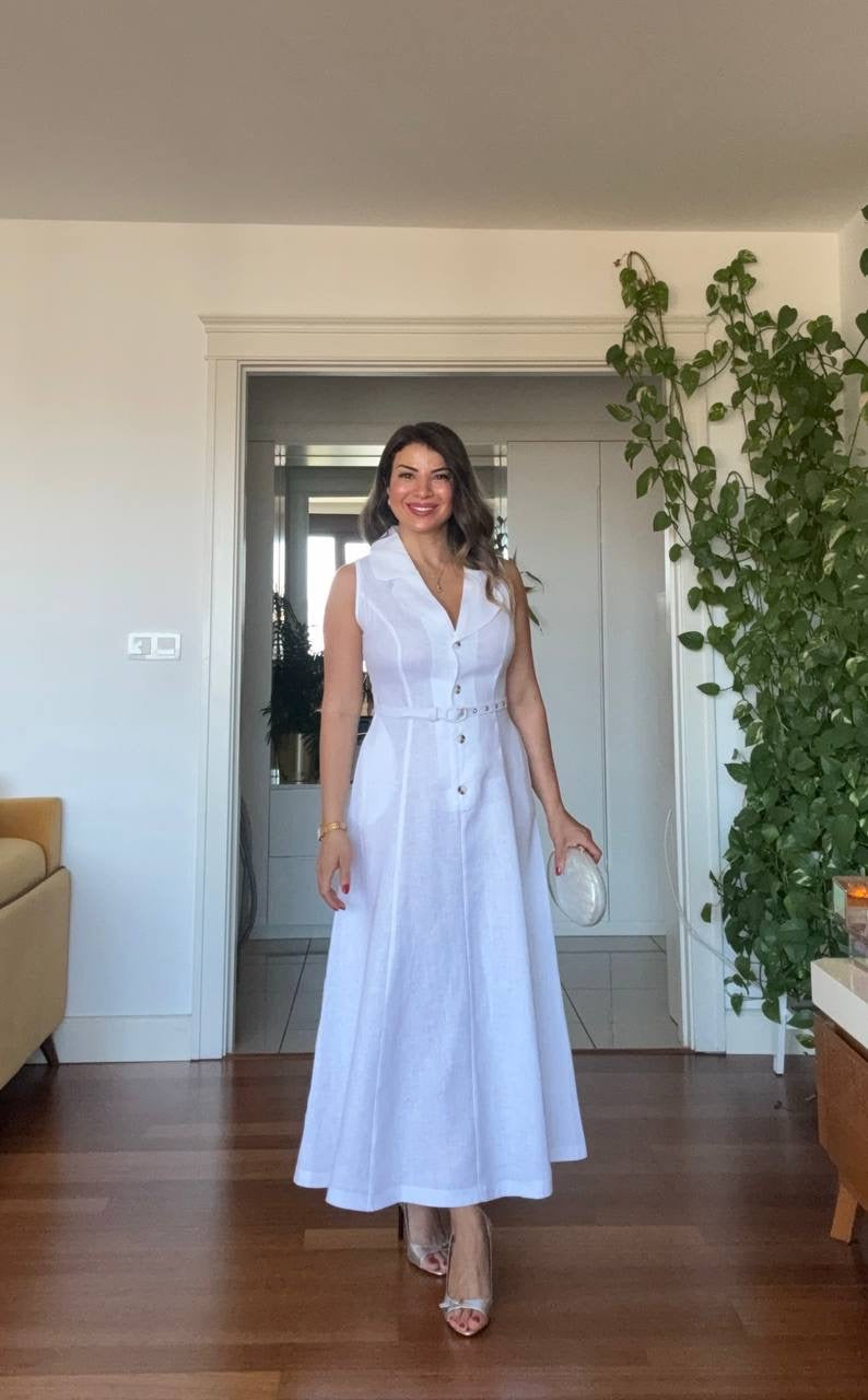 NATURAL LINEN DRESS - WHITE