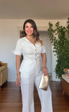 SHORT SLEEVE BUTTON DETAIL SUIT - WHITE