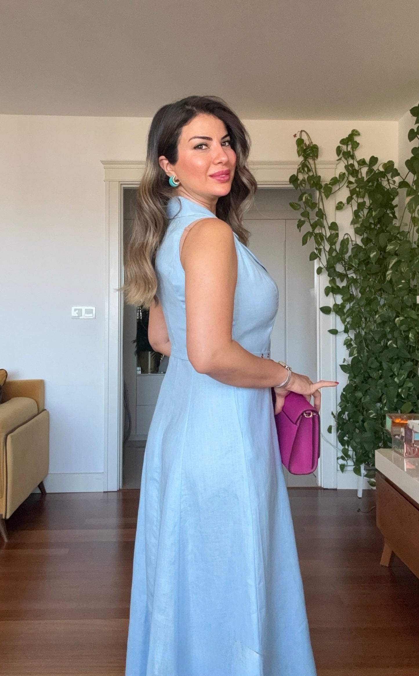 NATURAL LINEN DRESS - BABY BLUE