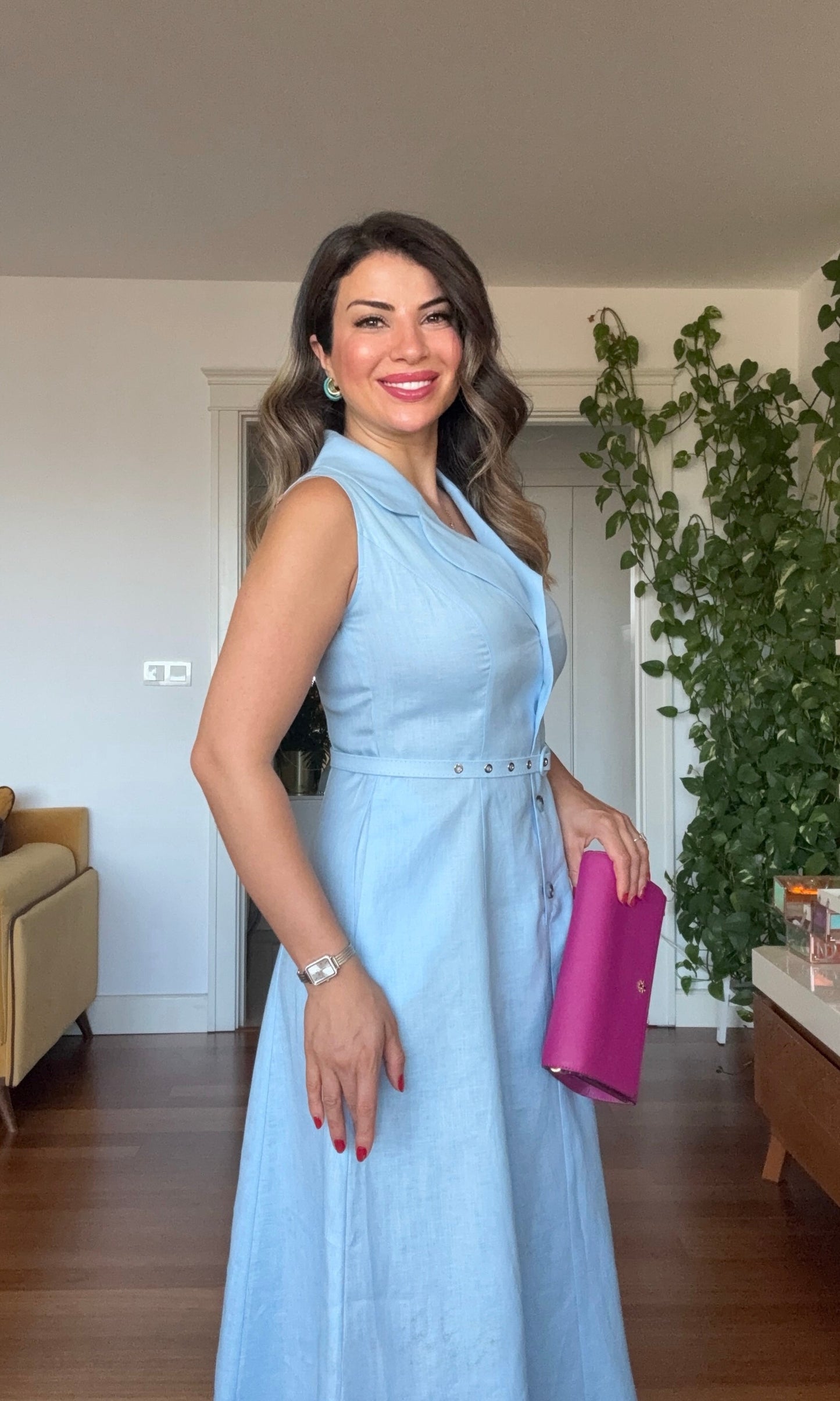 NATURAL LINEN DRESS - BABY BLUE