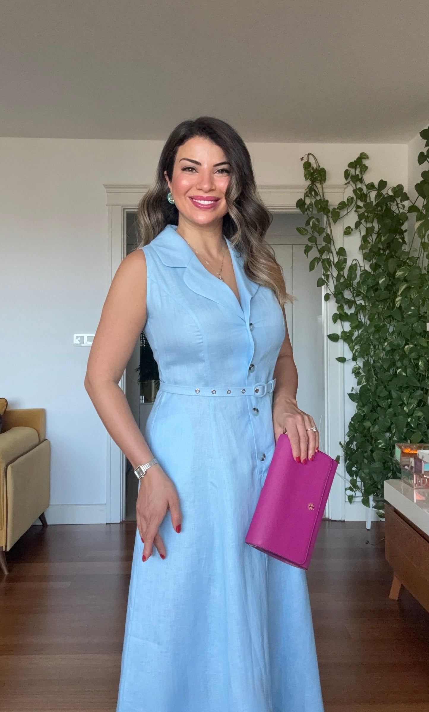 NATURAL LINEN DRESS - BABY BLUE