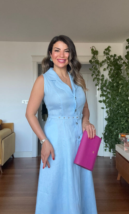 NATURAL LINEN DRESS - BABY BLUE