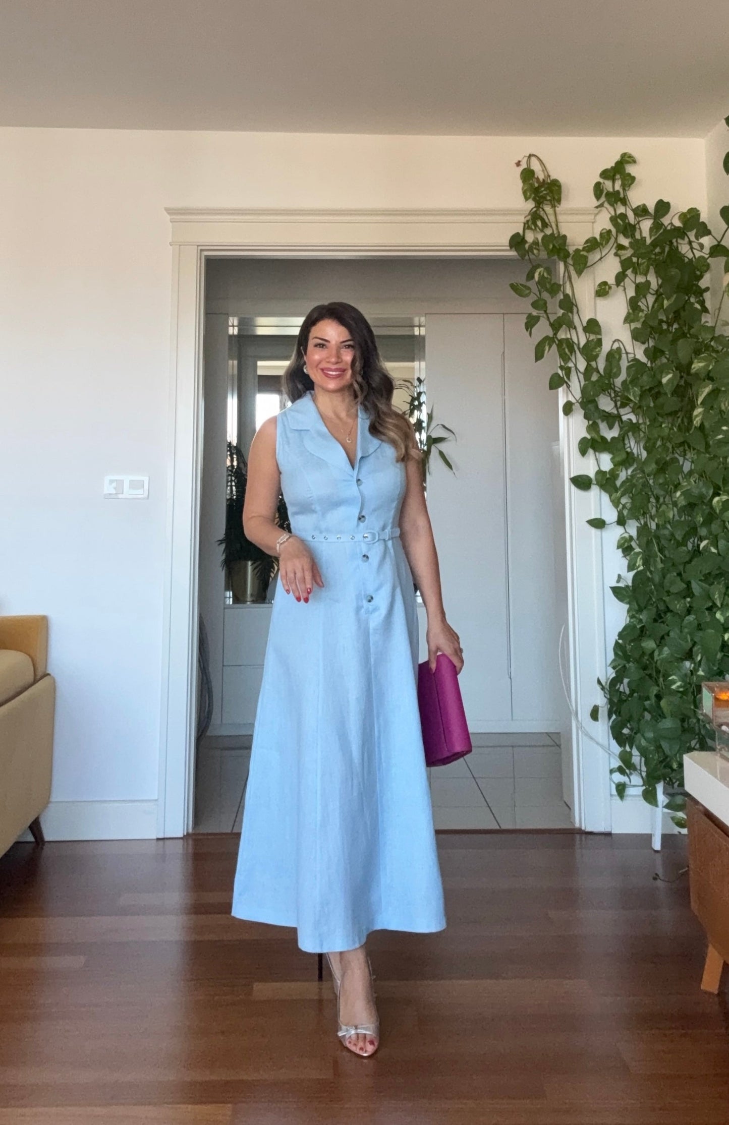 NATURAL LINEN DRESS - BABY BLUE