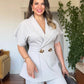 GOLD BUTTON DETAILED SHORT SLEEVE WRAP BLAZER & TROUSERS SET – STONE
