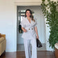GOLD BUTTON DETAILED SHORT SLEEVE WRAP BLAZER & TROUSERS SET – STONE