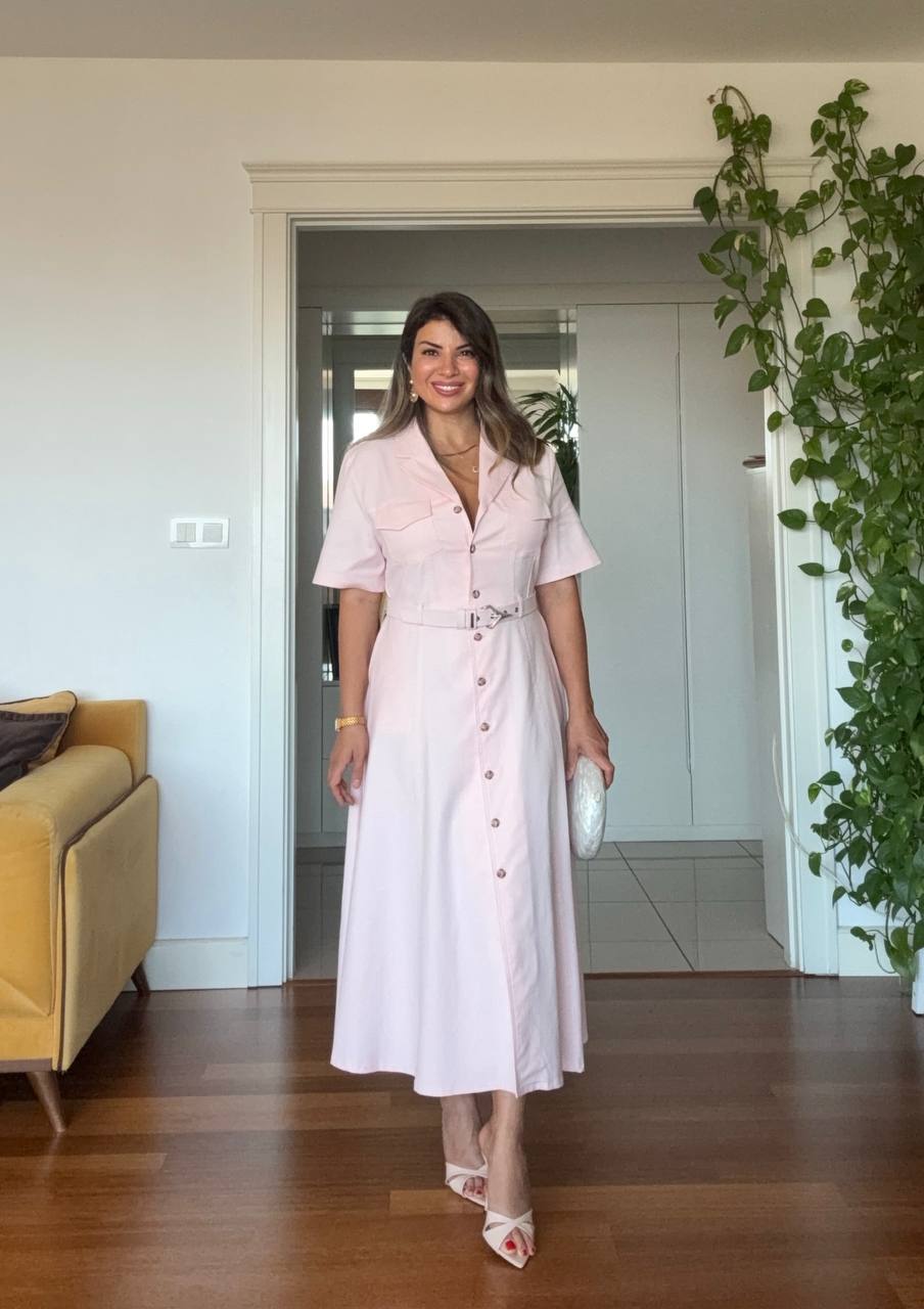 BELTED BUTTON-DOWN MIDI SHIRT DRESS - POWDER