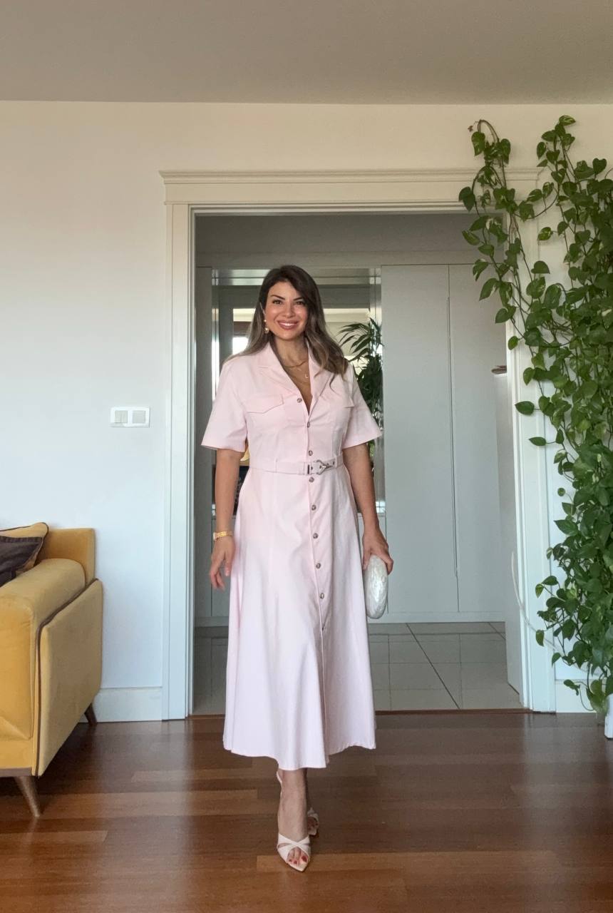 BELTED BUTTON-DOWN MIDI SHIRT DRESS - POWDER