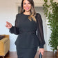 CHIFFON SLEEVE LACE DETAIL PEPLUM DRESS - BLACK