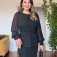 CHIFFON SLEEVE LACE DETAIL PEPLUM DRESS - BLACK