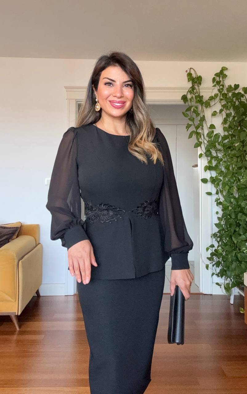 CHIFFON SLEEVE LACE DETAIL PEPLUM DRESS - BLACK