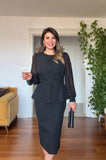 CHIFFON SLEEVE LACE DETAIL PEPLUM DRESS - BLACK