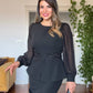 CHIFFON SLEEVE LACE DETAIL PEPLUM DRESS - BLACK