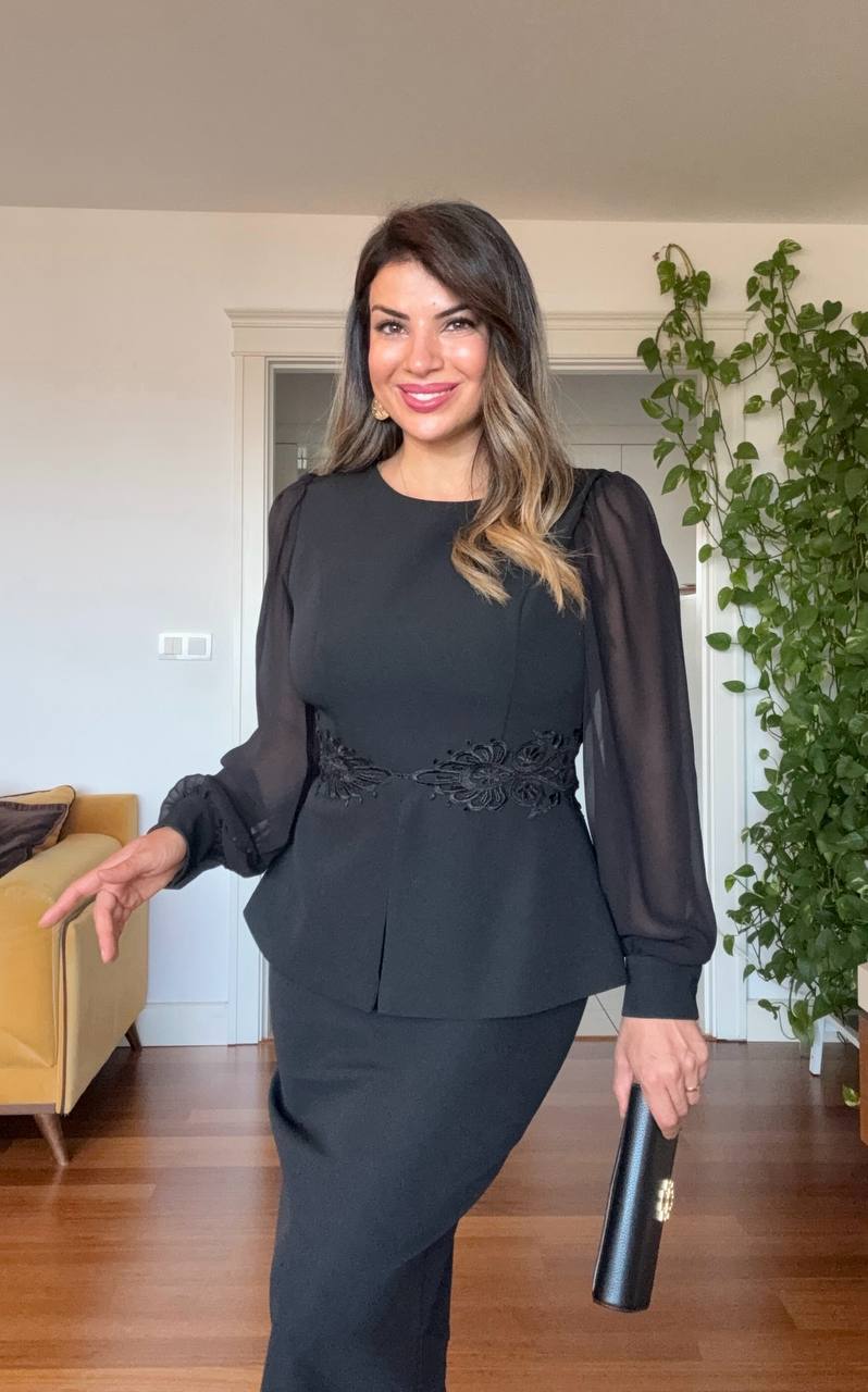 CHIFFON SLEEVE LACE DETAIL PEPLUM DRESS - BLACK