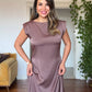 SATIN LACE DETAIL MIDI DRESS - MOCHA BROWN