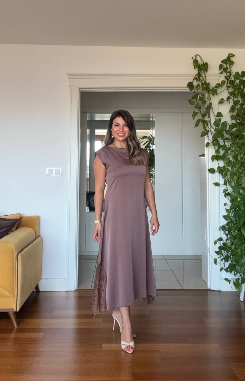 SATIN LACE DETAIL MIDI DRESS - MOCHA BROWN