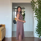 SATIN LACE DETAIL MIDI DRESS - MOCHA BROWN