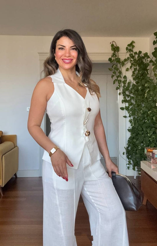 SLEEVELESS VEST LINEN SET - WHITE