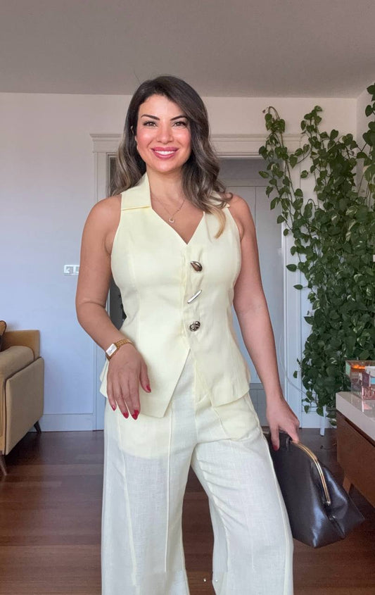 SLEEVELESS VEST LINEN SET - YELLOW