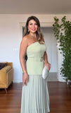 V-NECK BELTED PLEATED MAXI DRESS - GREEN