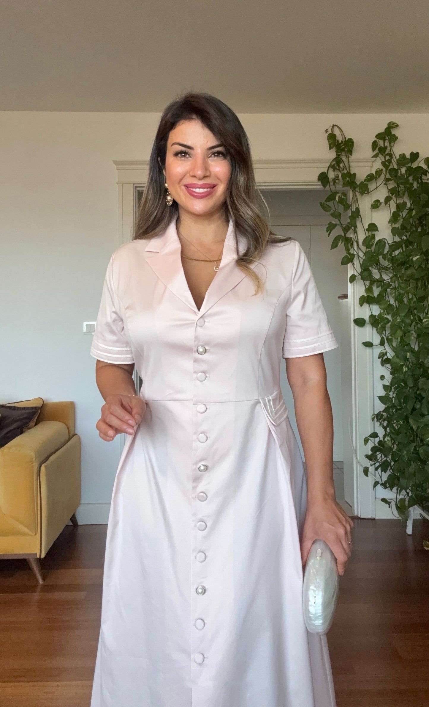 NOTCH LAPEL BUTTON-DOWN MIDI DRESS – POWDER