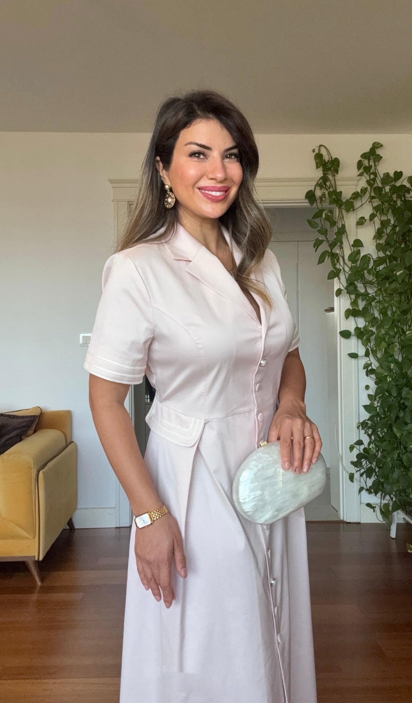 NOTCH LAPEL BUTTON-DOWN MIDI DRESS – POWDER