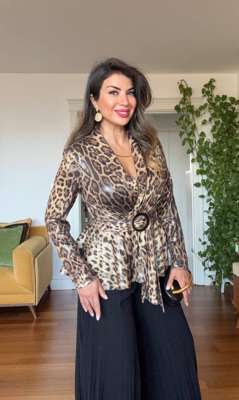 LEOPARD PRINT SEQUIN PLEATED SET - BLACK