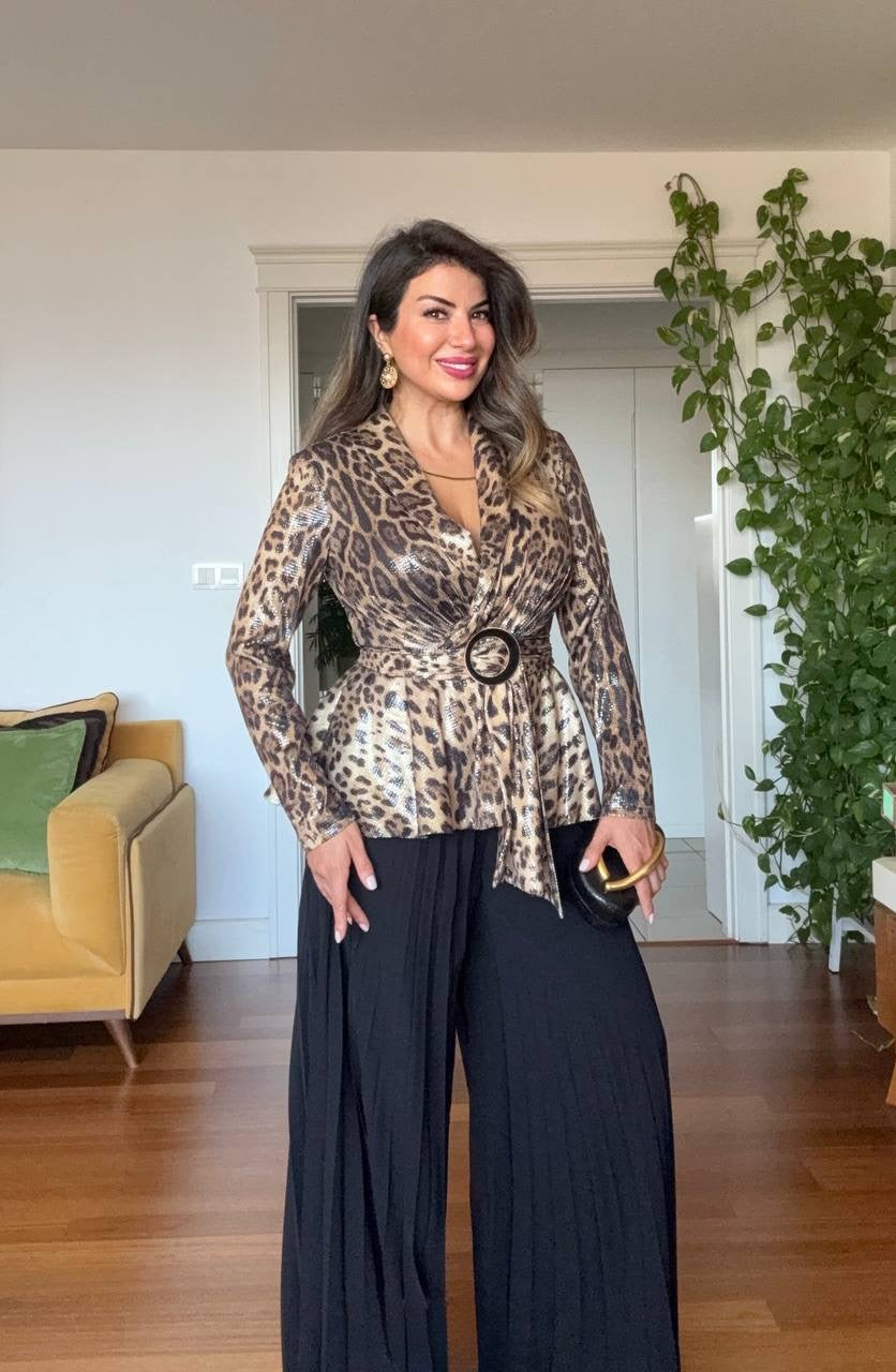 LEOPARD PRINT SEQUIN PLEATED SET - BLACK