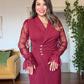 GOLD BUTTON DETAILED LACE SLEEVE WRAP DRESS – BURDUNDY
