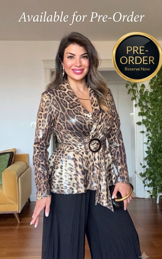 LEOPARD PRINT SEQUIN PLEATED SET - BLACK
