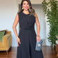 STONE-EMBELLISHED BELTED SLEEVELESS JUMPSUIT - BLACK