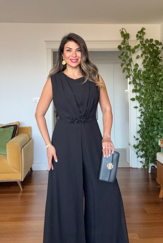 STONE-EMBELLISHED BELTED SLEEVELESS JUMPSUIT - BLACK