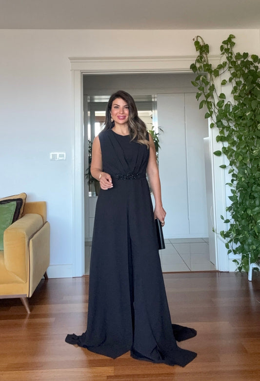 STONE-EMBELLISHED BELTED SLEEVELESS JUMPSUIT - BLACK
