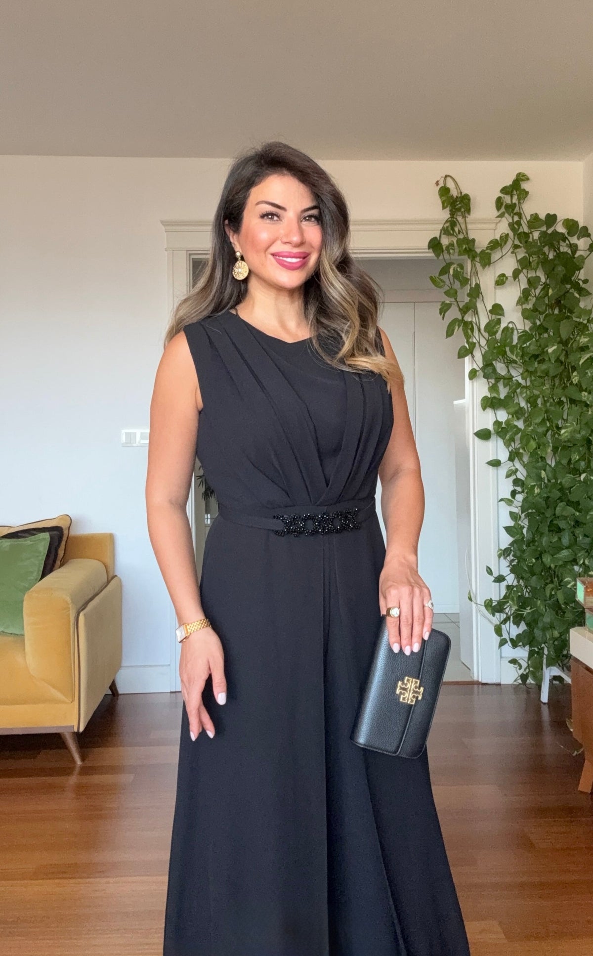 STONE-EMBELLISHED BELTED SLEEVELESS JUMPSUIT - BLACK